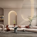 Modern Living Room Interior Design With Beige Sofa Arched Lighting Green Plants And Area Rug