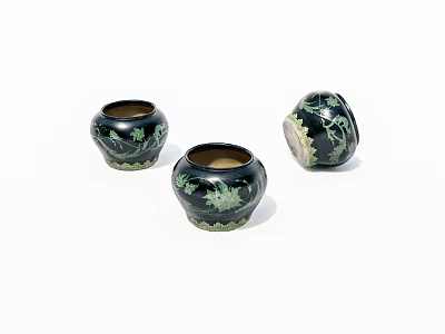 Three Black Ceramic Jars With Green Vine Patterns On White Background 3d model