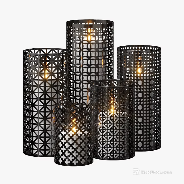 Decorative Ornament Set With Laser Cut Geometric Patterns And Metallic Candle Holders 3d model 