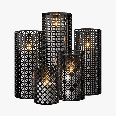 Decorative Ornament Set With Laser Cut Geometric Patterns And Metallic Candle Holders 3d model