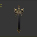 Fantasy Sword Weapon With Golden Accents Blue Blade And Wing Shaped Hilt
