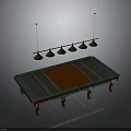 Stylish Billiard Table With Wooden Legs And Five Green Pendant Lights Above