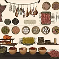 Diverse Food Display Featuring Hanging Meats Plated Ingredients and Bowls on Shelves