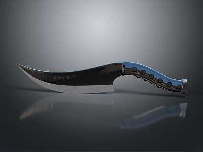 Curved Blade Knife With Blue Black Handle And Decorative Patterns On Dark Surface 3d model