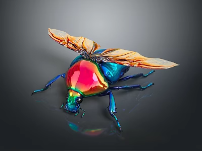 Colorful Iridescent Beetle with Shiny Metallic Exoskeleton and Transparent Wings on Dark Reflective Background 3d model