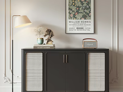 Modern Elegant Black Console Cabinet With Rattan Panels And Golden Handles For Entryway 3d model