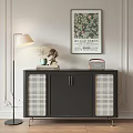 Modern Elegant Black Console Cabinet With Rattan Panels And Golden Handles For Entryway
