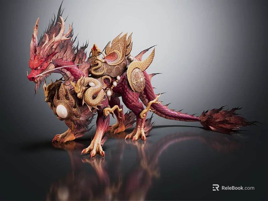 Mythical Red And Gold Armored Dragon Creature With Fiery Mane And Intricate Details 3d model 