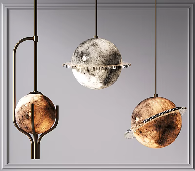 Stylish Modern Planet Shaped Chandeliers Featuring Ring Decorations And Metallic Tones 3d model