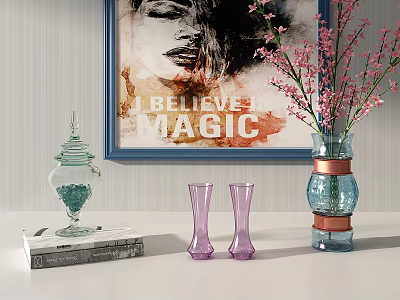 Elegant Decorative Ornament Set with Magic Text Painting Glass Jar Vase and Purple Glass Cups 3d model