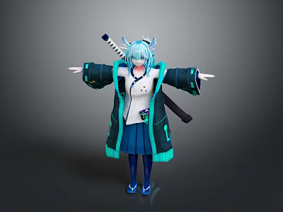 Fantasy Anime Character With Blue Hair Horns Coat Sword And Blue Skirt 3d model
