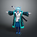 Fantasy Anime Character With Blue Hair Horns Coat Sword And Blue Skirt