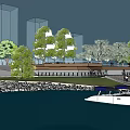 Scenic Waterfront Area With Boats Trees Bus And Pedestrian Walkway Design