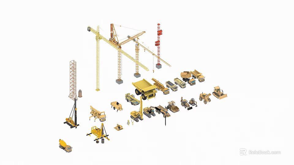 Various Functional Construction Vehicles Including Cranes Excavators Bulldozers and Trucks 3d model