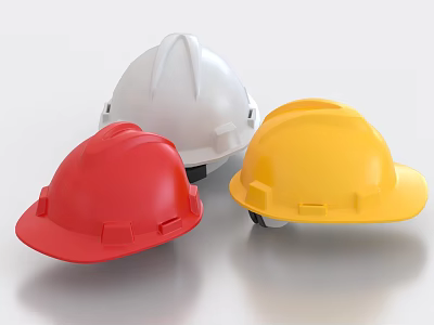 Three Red White and Yellow Hard Hats Arranged on Gray Background 3d model