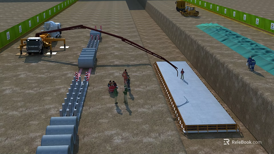 Active Construction Site With Workers Operating Concrete Pump And Building Materials 3d model 