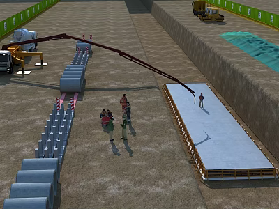 Active Construction Site With Workers Operating Concrete Pump And Building Materials 3d model