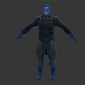 Stylized 3D Character In Dark Uniform With Yellow Buttons And Black Gloves Standing