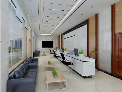 Modern Service Hall Interior With White Reception Desk Sofa Area Green Plants And City View 3d model