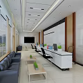 Modern Service Hall Interior With White Reception Desk Sofa Area Green Plants And City View