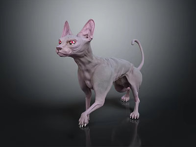 Sphynx Cat With Hairless Pink Skin Red Eyes Standing On Shiny Dark Floor 3d model