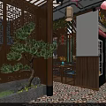 Traditional Chinese Restaurant With Hanging Lanterns Bamboo Decor Wooden Screen And Mapo Tofu Mural