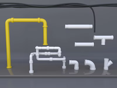 Yellow And White Pipes With Elbows Tees And Fittings On Display Platform 3d model