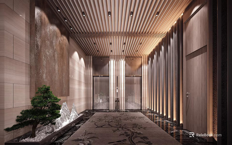 Modern Elevator Lobby With Wood Accents Lighting Landscape And Patterned Carpet 3d model
