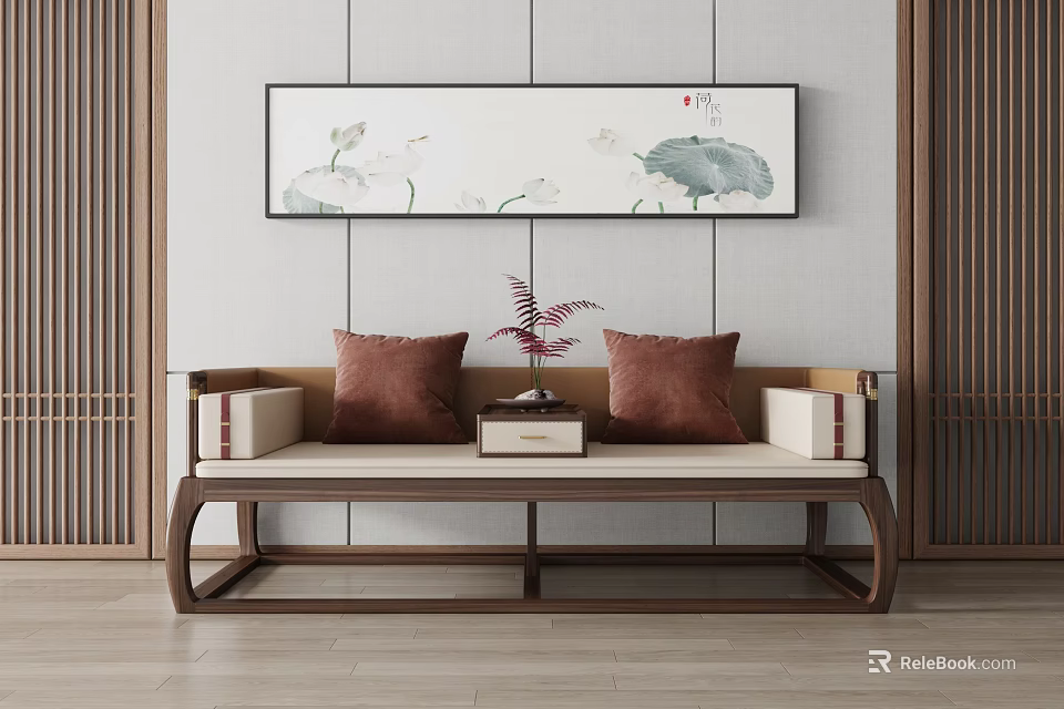 Classic Chinese Style Luohan Bed With Wooden Frame Brown Pillows And Decorative Wall Art 3d model 