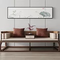 Classic Chinese Style Luohan Bed With Wooden Frame Brown Pillows And Decorative Wall Art