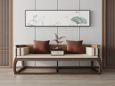 Classic Chinese Style Luohan Bed With Wooden Frame Brown Pillows And Decorative Wall Art 3d model