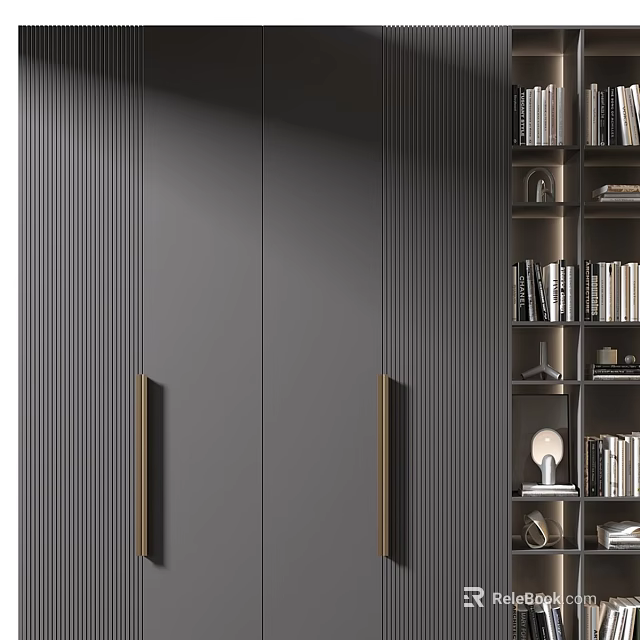 Modern Black Bookcase With Gold Handles And Open Shelf Storage Design 3d model 