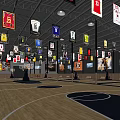Basketball Gym Featuring Wooden Flooring Blue Court Hanging Banners Hoops Posters Green Yellow Wall Decor
