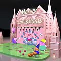 Pink Castle Style Christmas Stage With Cartoon Characters Mushroom Decorations And Green Floor