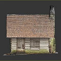Log Cabin With Red Tile Roof Chimney Wooden Walls Door Windows And Snowy Ground