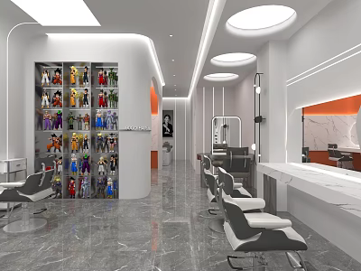 Modern Beauty Salon Interior With White Orange Decor Marble Floor Hairdressing Chairs And Round Lights 3d model