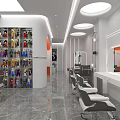 Modern Beauty Salon Interior With White Orange Decor Marble Floor Hairdressing Chairs And Round Lights