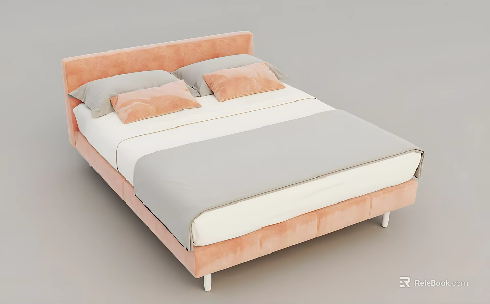 Pink Velvet Double Bed With Pink Accent Pillows Grey Cushions And White Grey Bedding 3d model 