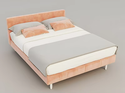 Pink Velvet Double Bed With Pink Accent Pillows Grey Cushions And White Grey Bedding 3d model