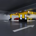 Modern Car Dealership With Yellow Black Exterior Glass Doors Lounge And Sports Cars In Garage