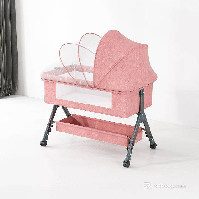 Pink Baby Crib With Transparent Mesh Canopy Storage Basket And Black Metal Frame With Wheels 3d model 