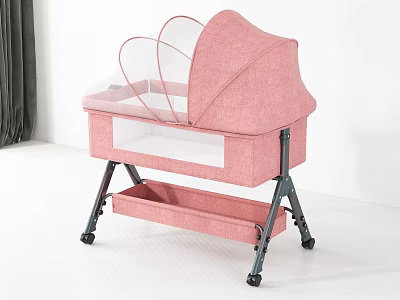 Pink Baby Crib With Transparent Mesh Canopy Storage Basket And Black Metal Frame With Wheels 3d model