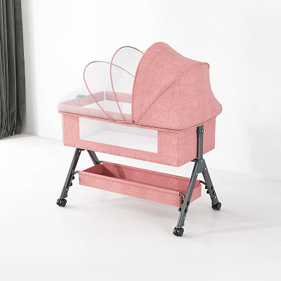 Pink Baby Crib With Transparent Mesh Canopy Storage Basket And Black Metal Frame With Wheels 3d model
