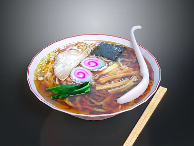 Traditional Ramen Bowl With Sliced Pork Fish Cake Green Onions And Wooden Chopsticks 3d model