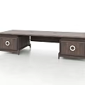 Modern Walnut Wood Office Desk With Flat Top And Circular Handle Cabinet Doors