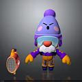 Cartoon Character with Purple Pompon Hat Blue Goggles Red Nose White Beard and Pink Racket