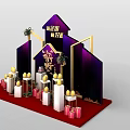 Commercial Display Equipment With Purple Gold Decorative Setup White Pillars Yellow Spheres Red Gifts And Red Carpet