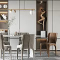 Modern Dining Table Set with Chairs Wall Mounted Shelves Decorative Figurines Pendant Lights Area Rug
