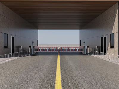Industrial Factory Entrance With Spacious Road Yellow Dividing Line Gray Walls Wooden Ceiling And Railings 3d model
