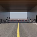 Industrial Factory Entrance With Spacious Road Yellow Dividing Line Gray Walls Wooden Ceiling And Railings